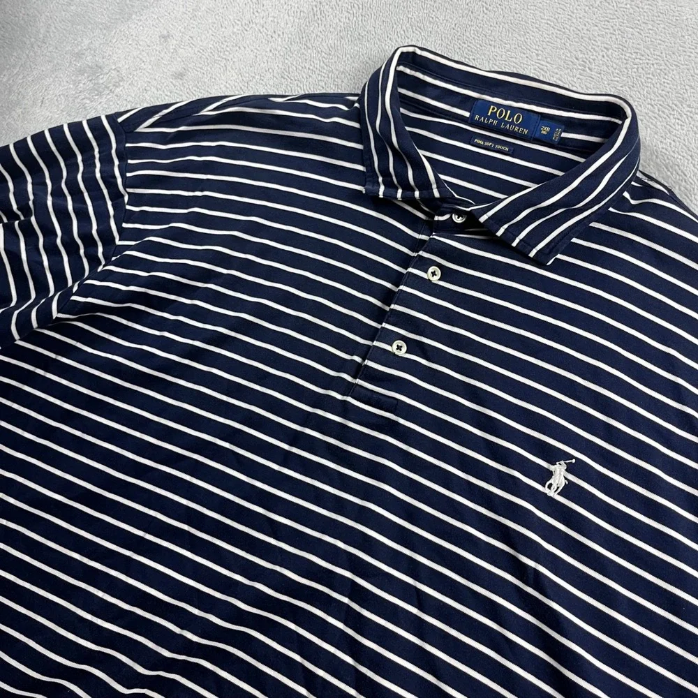 Polo Ralph Lauren Men 2XB Big Navy Blue White Striped Pima Soft Touch Polo Shirt